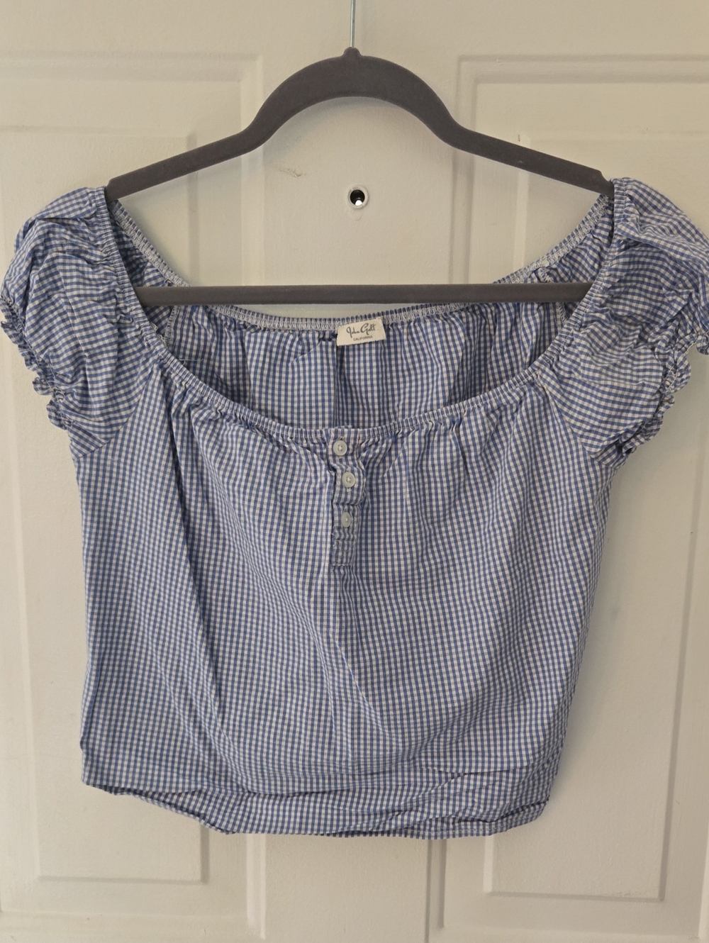 Brandy Melville Blue Gingham Smocked Off-Shoulder Crop Top